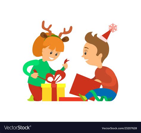 Christmas holidays children opening presents Vector Image