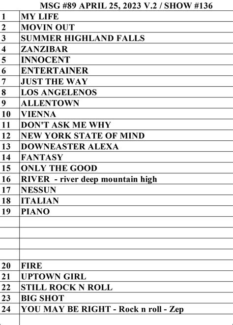 Billy Joel 2024 Tour Setlist - Vanna Jannelle