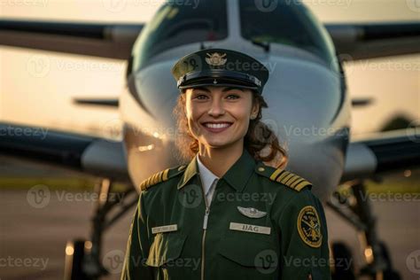 smiling female pilot standing in front of airplane with 25663451 Stock ...