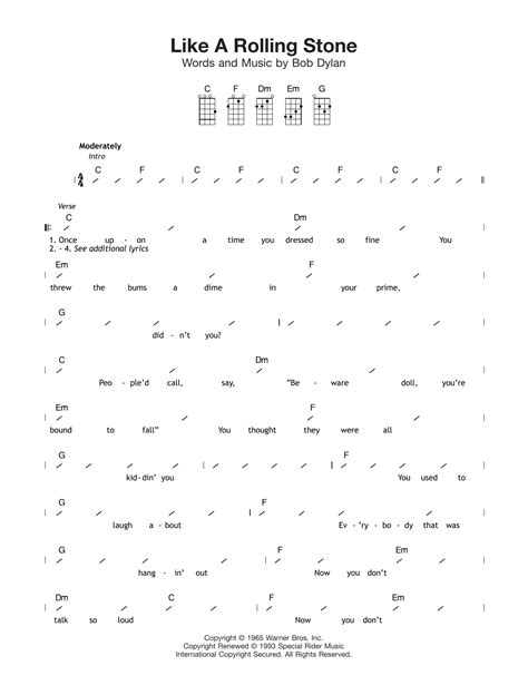 Like A Rolling Stone by Bob Dylan Sheet Music for Ukulele Chords/Lyrics ...