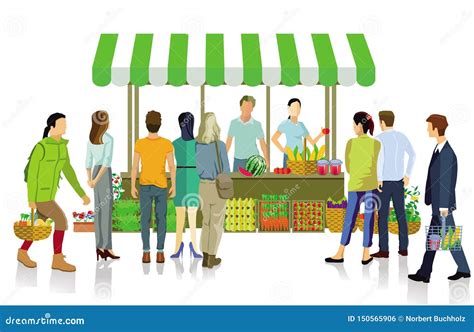 Farmers Market with Customers, Vegetables, Fruits Stock Vector ...