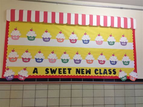 First Day of School Bulletin Board! "A Sweet New Class" with cupcakes and awning! Kindergarten ...