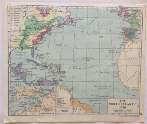 VINTAGE MAP NORTH Atlantic 1756 & Narrow Seas/Colonisation America ...