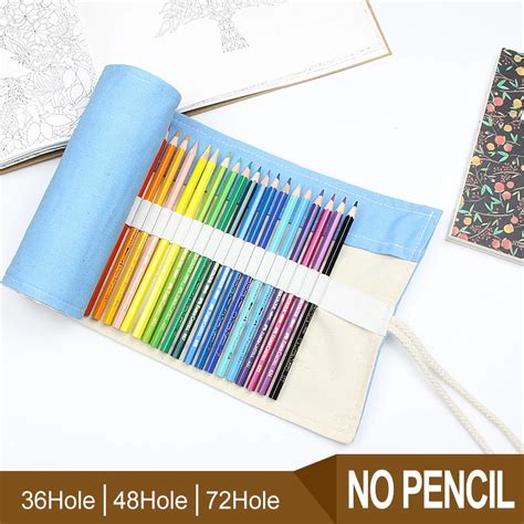 Pen Pencil Case 36/48/72 Holes Canvas Roll Up Blue Color Pencil Case Students Stationary Pouch ...