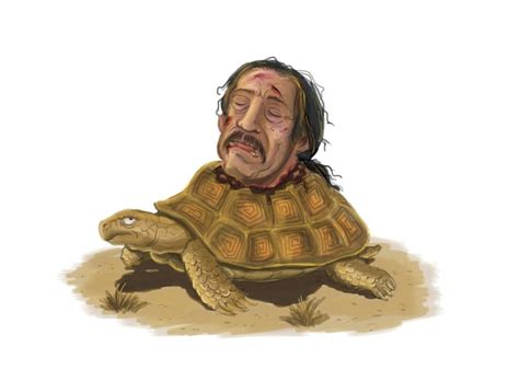 a drawing of a man sitting on top of a tortoise shell with his eyes closed