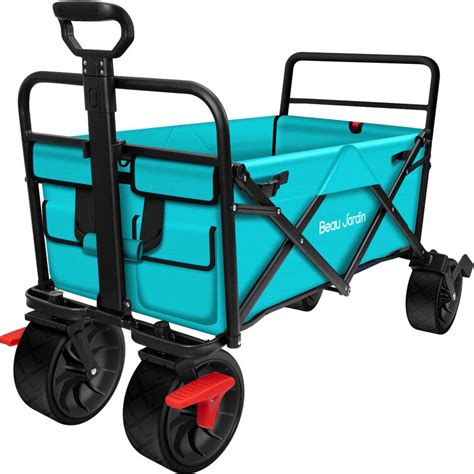 BEAU JARDIN Folding Push Wagon Cart With Canopy Collapsible Utility Camping Canvas Black Fabric ...