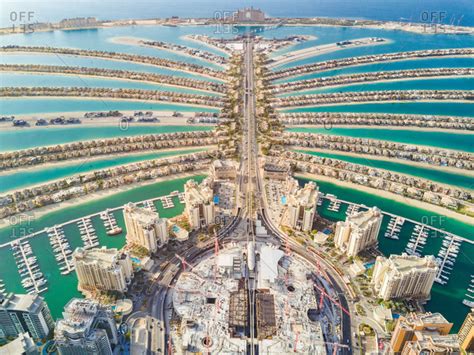 Aerial view of the Palm Jumeirah island in Dubai, U.A.E. stock photo - OFFSET