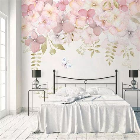 Watercolor Pink Flowers Wallpaper Wall Mural Hanging Branch | Etsy | Romantic bedroom decor ...