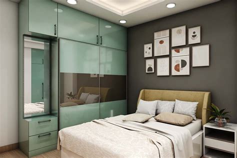 Spacious Modern Guest Bedroom Design With Grey Accent Wall | Livspace