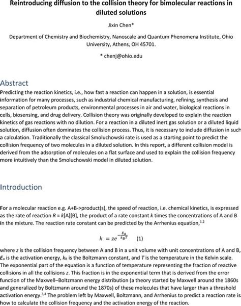 Reintroducing diffusion to the collision theory for bimolecular reactions in diluted solutions ...