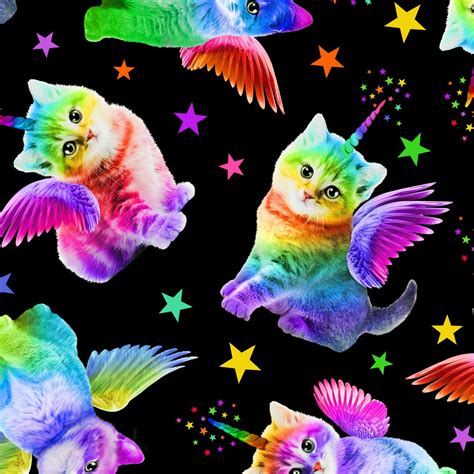 Timeless Treasures Cats C7198 BLK Rainbow Unicorn Cats $11.20/yd