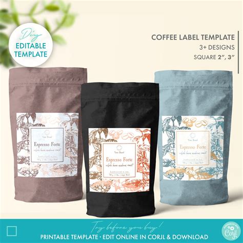 Printable Coffee Packaging Label Template 2 Sizes Editable Botanical Coffee Label Template, DIY ...