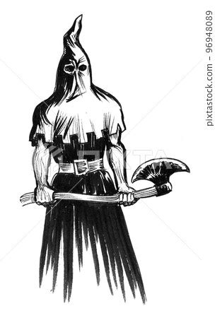 Executioner with axe. Ink black and white drawing - Stock Illustration ...