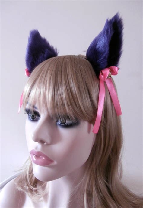 Faux Fur Cat Ear Hair Clips Purple Black With Bells and Pink
