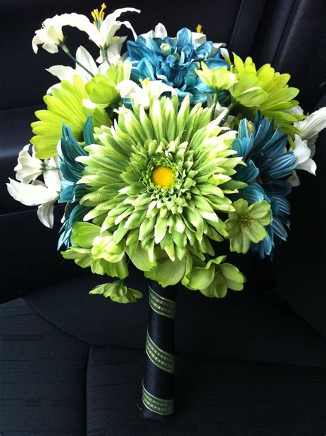 Teal Wedding Bouquet, Gerbera Daisy Bridal Bouquet, Green and Blue Wedding Flowers. $85.00, via ...