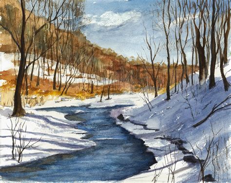 Print of Original Watercolor Painting Winter Landscape Snow