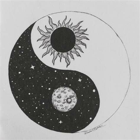 a black and white drawing of two sun and moon yin - yangs with stars in the background