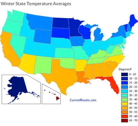 Winter Temperature Averages for Each USA State | Weather map, Usa states, Map