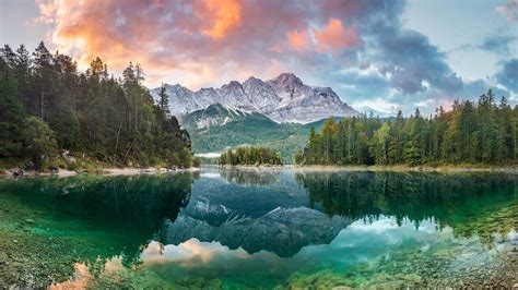 Mountain peak Zugspitze, summer day at lake Eibsee, Garmisch-Partenkirchen, Bavaria, Germany ...