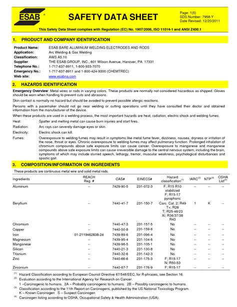 ESAB BARE ALUMINUM WELDING ELECTRODES AND RODS MSDS Download