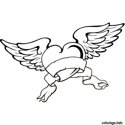 Coloriage tatouage coeur avec des ailes - JeColorie.com