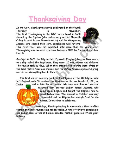 The History of Thanksgiving day - ESL worksheet by mgg6