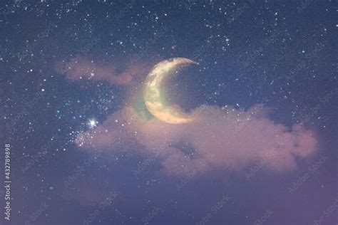 Beautiful night sky background with half moon and stars Stock ...