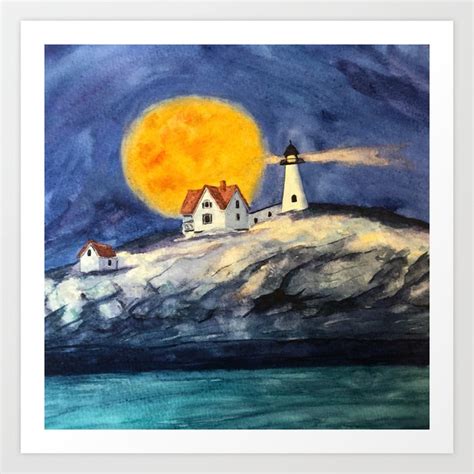 Moonlit Maine Lighthouse Art Print by Kathryn Renee Art | Society6