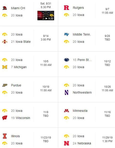 Printable Iowa Football Schedule