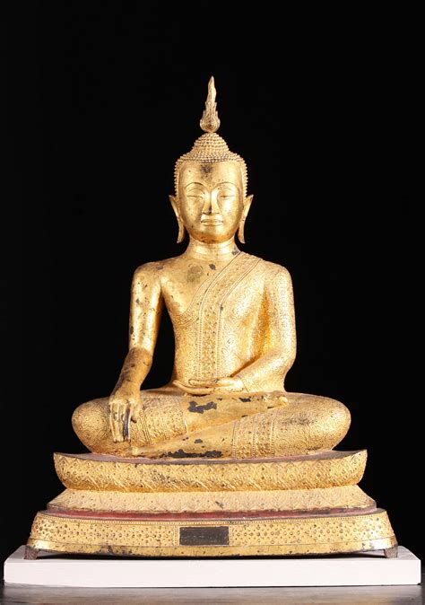 18th Century Gold Leaf Antique Thai Brass Ratankosin Earth Touching Half Lotus Buddha Statue 34 ...