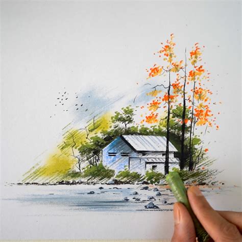 Drawing a beautiful house near river - easy drawing tutorial | oil ...