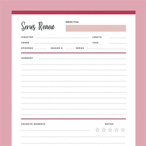 Printable TV Series Review Template | Instant Download PDF – Plan Print Land