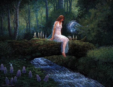 a painting of a woman sitting on a log in the woods next to a stream