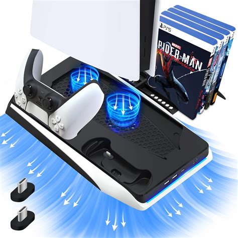 Black PS5 Stand with Cooling Fan and Dual Controller Charger Station, Charging Dock Holder PS5 ...