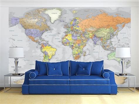 World Map Mural World Map Decal Detailed Gray Oceans | Etsy Giant World Map, World Map Mural ...