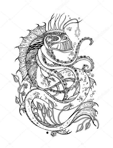 Angler fish tattoo. Sea monster tattoo. Adult Coloring Page with sea monster. Sea monster vector ...