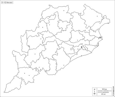 Odisha free map, free blank map, free outline map, free base map outline, districts, main cities ...