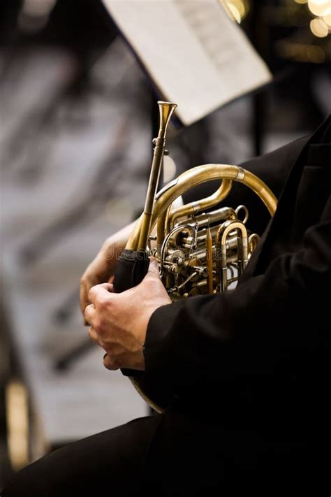 French Horn in the Hands of a Musician in the Orchestra Stock Image - Image of hand, music: 99260791