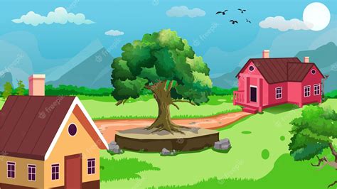 Premium Vector | Beautiful village cartoon background of green meadows and surrounded by trees ...