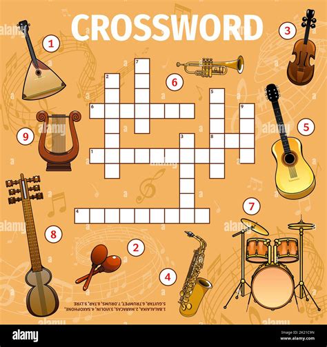 Musical instruments and sound waves crossword grid, worksheet to find word, vector quiz game ...