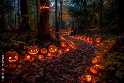 Glowing halloween pumpkins in autumn forest. Jack-O-Lantern. Fall ...