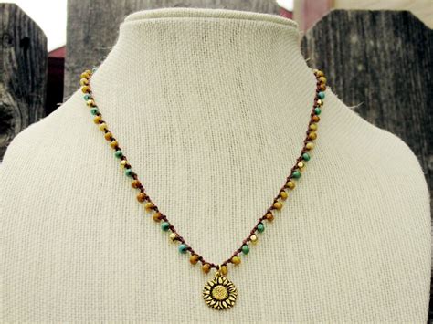 Gold Sunflower Necklace Boho Crochet Necklace Beaded - Etsy