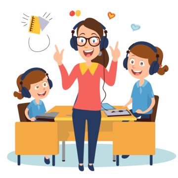 Listen To Teacher Clipart Woman With Headphones Sitting With Children ...