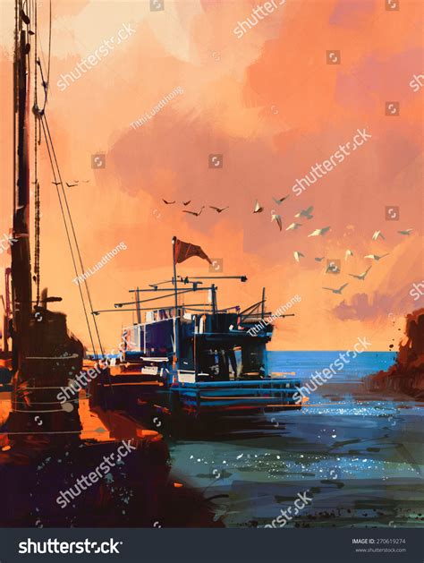 Painting Of Fishing Boat In Port At Sunset Stock Photo 270619274 : Shutterstock