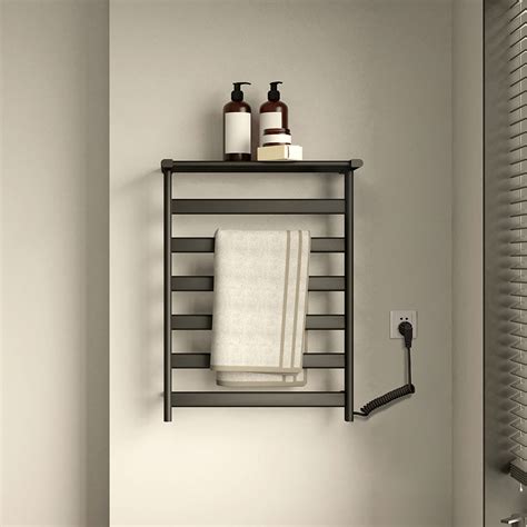 Black Wall-Mount Electric Towel Warmer Heated Towel Rack with Top Shelf Stainless Steel ...