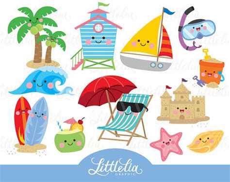 Beach Kawaii Clipart Summer Beach Cute Clipart 17022 | Etsy UK | Kawaii ...