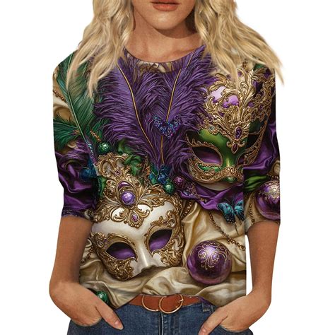 HAJWOH Mardi Gras Tops Women Carnival 3 4 Sleeve Shirt Plus Size Mardi