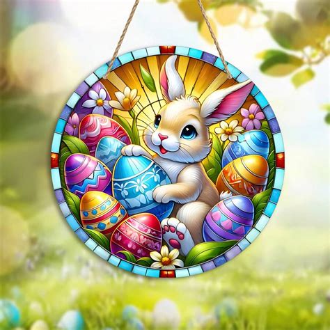 1pc Easter Egg Hen Theme Suncatcher Round Acrylic Hanging Sign 7