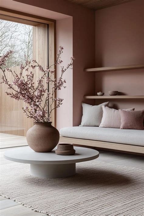 Muted Pink Minimalism In 2025 Pink Living Room Pink Couch Living