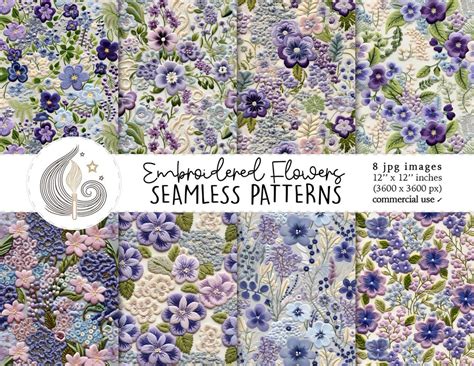 Purple Embroidered Flowers Seamless Patterns D Floral Embroidery